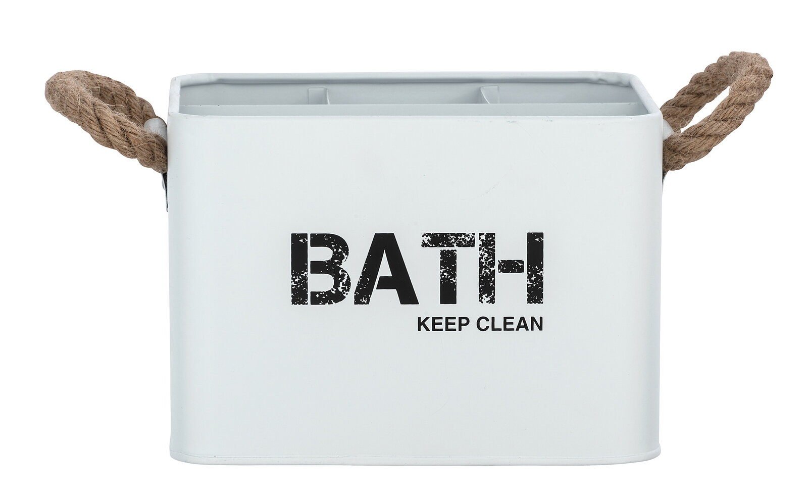 Wenko Badbox mit 4 Aufteilungen GARA Weiße Badbox mit der Aufschrift 'BATH KEEP CLEAN', zwei Seilgriffen und vier Fächern, frontal abgebildet.