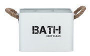 Weiße Badbox mit der Aufschrift 'BATH KEEP CLEAN', zwei Seilgriffen und vier Fächern, frontal abgebildet.