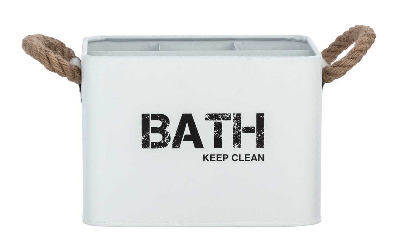 Wenko Badbox mit 4 Aufteilungen GARA Weiße Badbox mit der Aufschrift 'BATH KEEP CLEAN', zwei Seilgriffen und vier Fächern, frontal abgebildet.