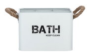 Weiße Badbox mit der Aufschrift 'BATH KEEP CLEAN', zwei Seilgriffen und vier Fächern, frontal abgebildet.
