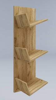 Modernes Wandregal aus hellem Holz mit drei versetzt angeordneten Ablagen und seitlichen Stützen, freigestellt vor grauem Hintergrund, Perspektive: schräg von vorn (3/4-Ansicht)
