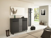 Moderne Garderobeneinrichtung mit schwarzem Schuhschrank und Garderobenpaneel in einem hellen Raum, seitliche Perspektive.