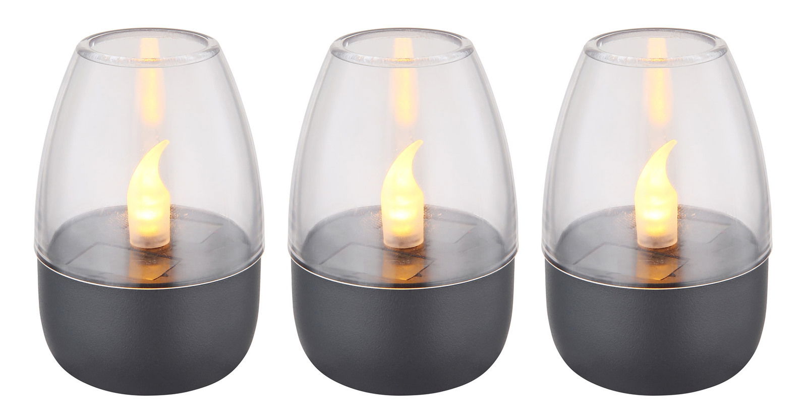 Dreier-Set von Solarleuchten mit flammenförmigem Licht, seitliche Perspektive