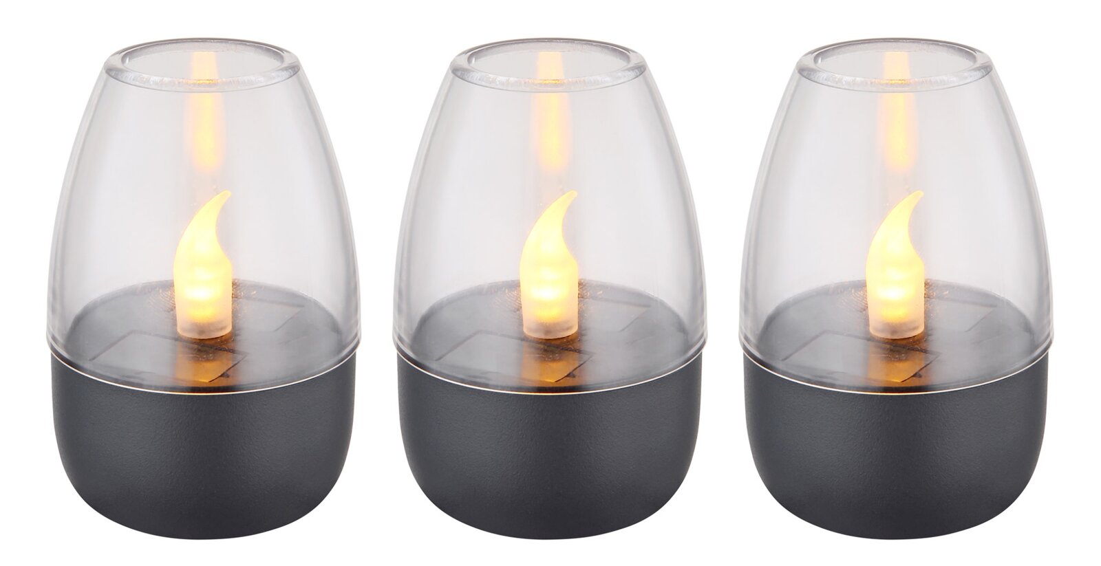 Dreier-Set von Solarleuchten mit flammenförmigem Licht, seitliche Perspektive