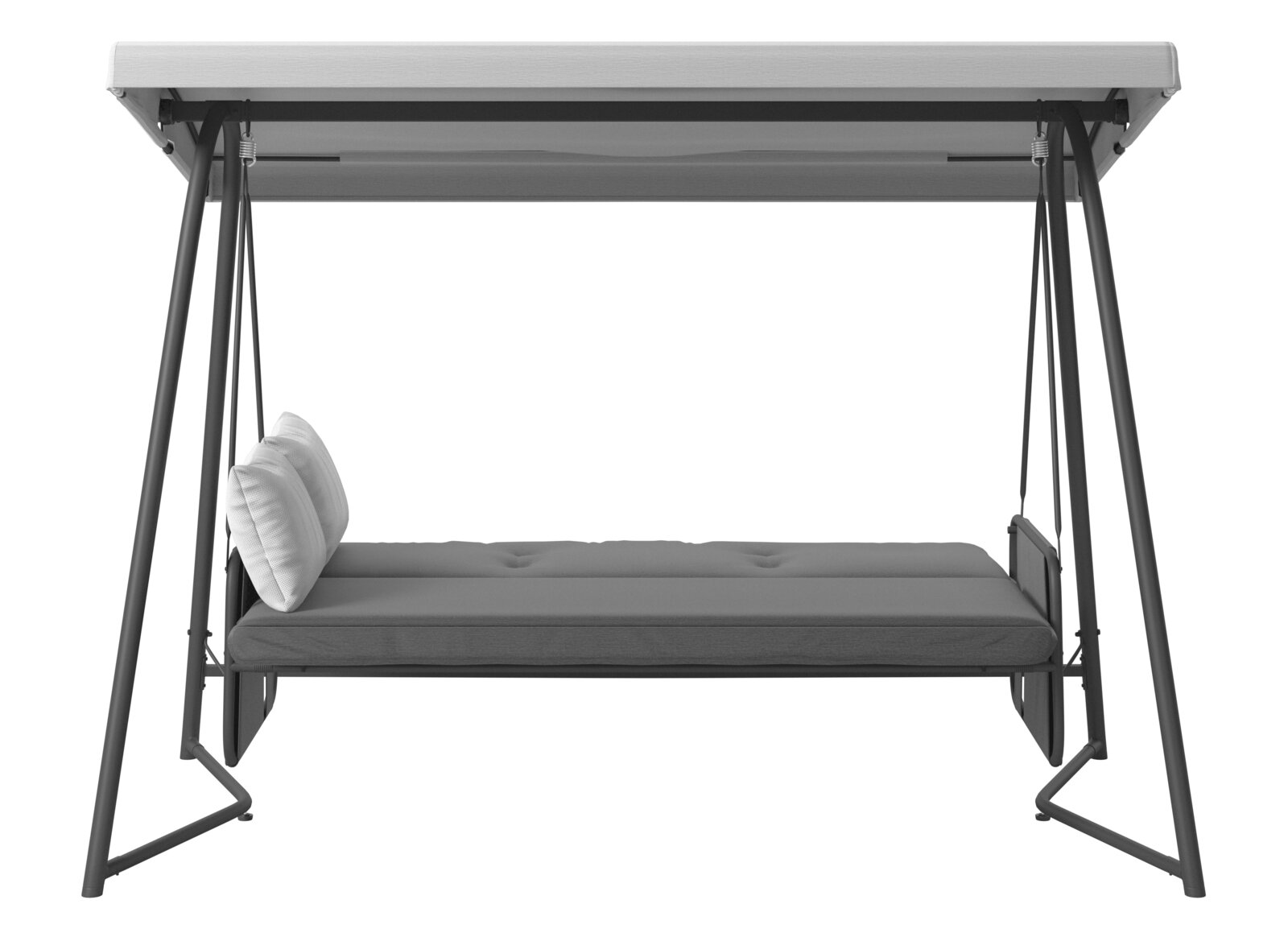 Hollywoodschaukel mit grauem Gestell und Polsterung, seitliche Ansicht