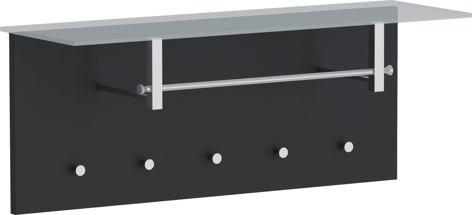 Moderano Garderobenpaneel quer LECCO Garderobenpaneel quer LECCO in schwarzer Farbe mit fünf Haken, einer Kleiderstange und einer Glasablage, seitliche Perspektive