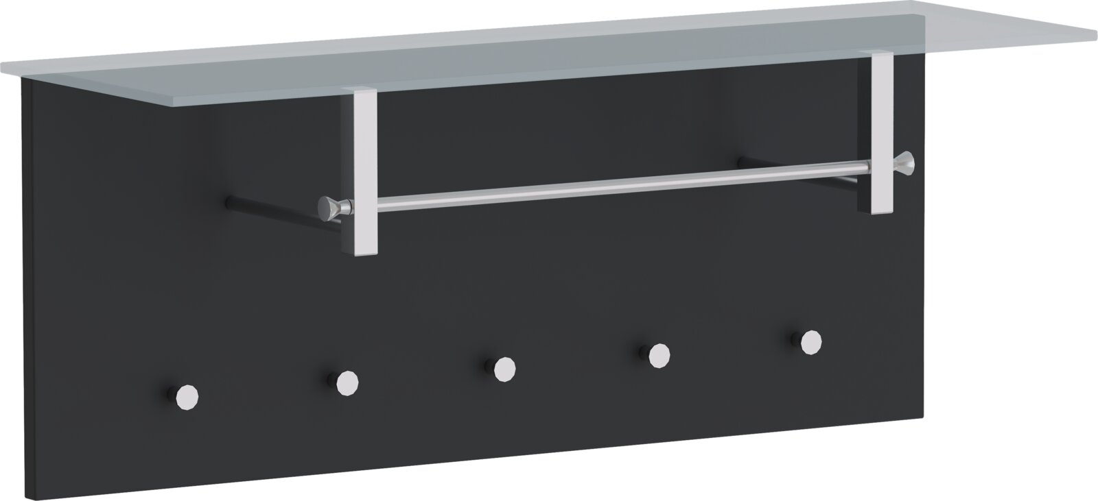 Moderano Garderobenpaneel quer LECCO Garderobenpaneel quer LECCO in schwarzer Farbe mit fünf Haken, einer Kleiderstange und einer Glasablage, seitliche Perspektive