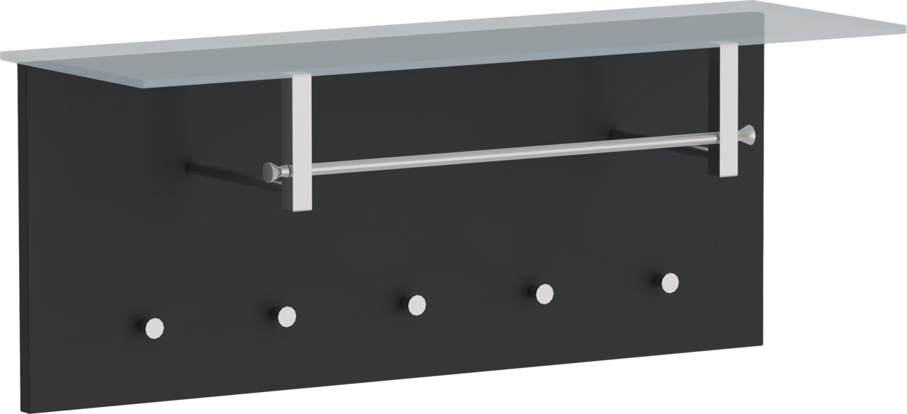 Moderano Garderobenpaneel quer LECCO Garderobenpaneel quer LECCO in schwarzer Farbe mit fünf Haken, einer Kleiderstange und einer Glasablage, seitliche Perspektive