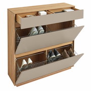 Schuhschrank aus Holz mit drei ausklappbaren Fächern, gefüllt mit Schuhen, aus einer leicht seitlichen Perspektive.