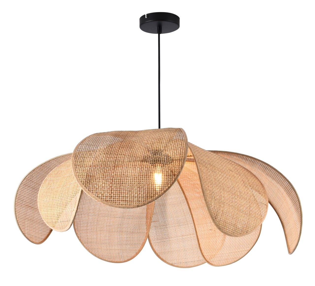 Hängeleuchte aus geflochtenem Material in Blütenform, seitliche Perspektive