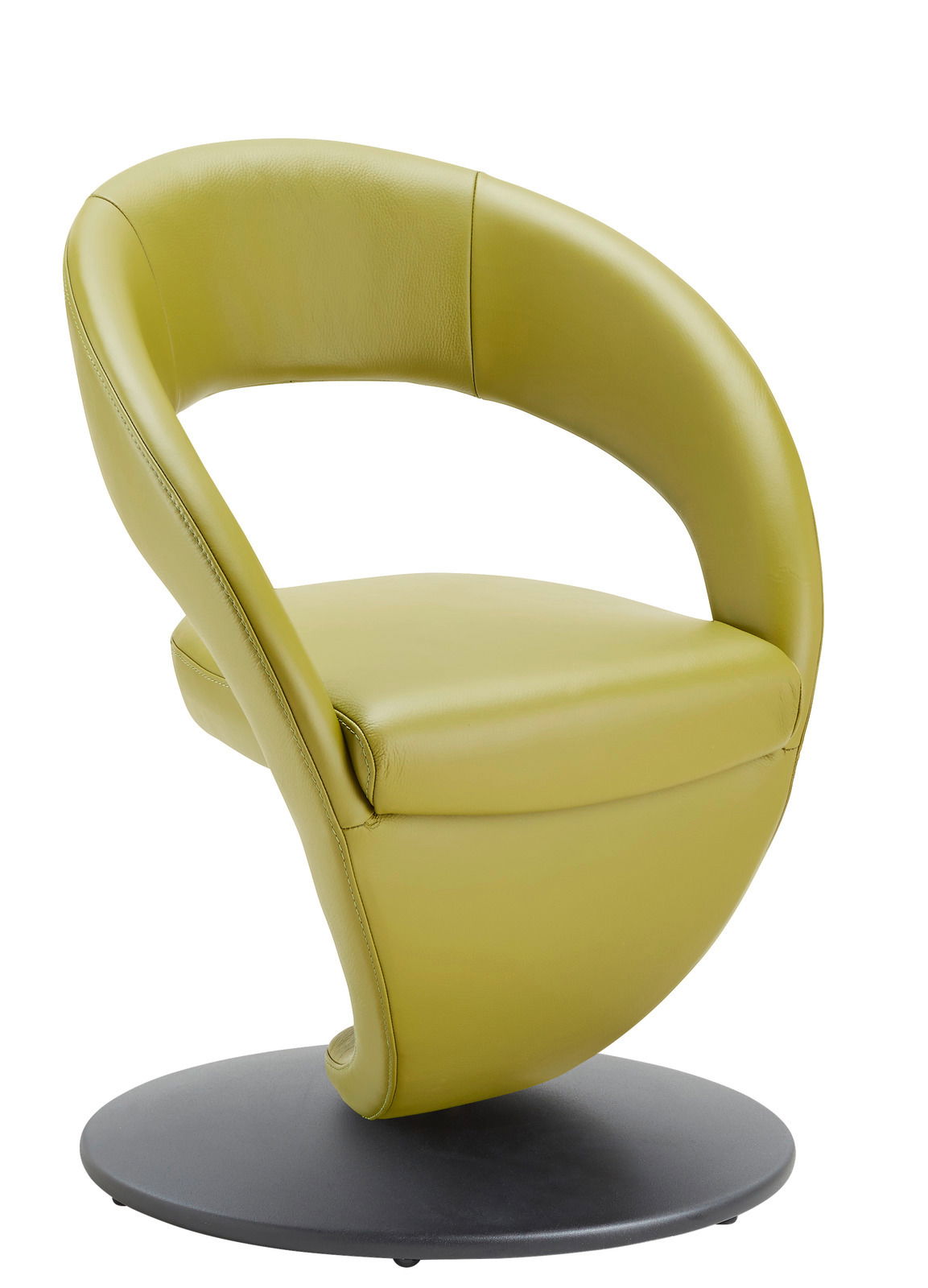 Moderner grüner Sessel mit geschwungenem Design, seitliche Perspektive