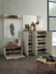 Moderne Garderobeneinrichtung mit Schuhschrank, Garderobenpaneel und Spiegel in einer hellen, stilvollen Umgebung. Frontalansicht.