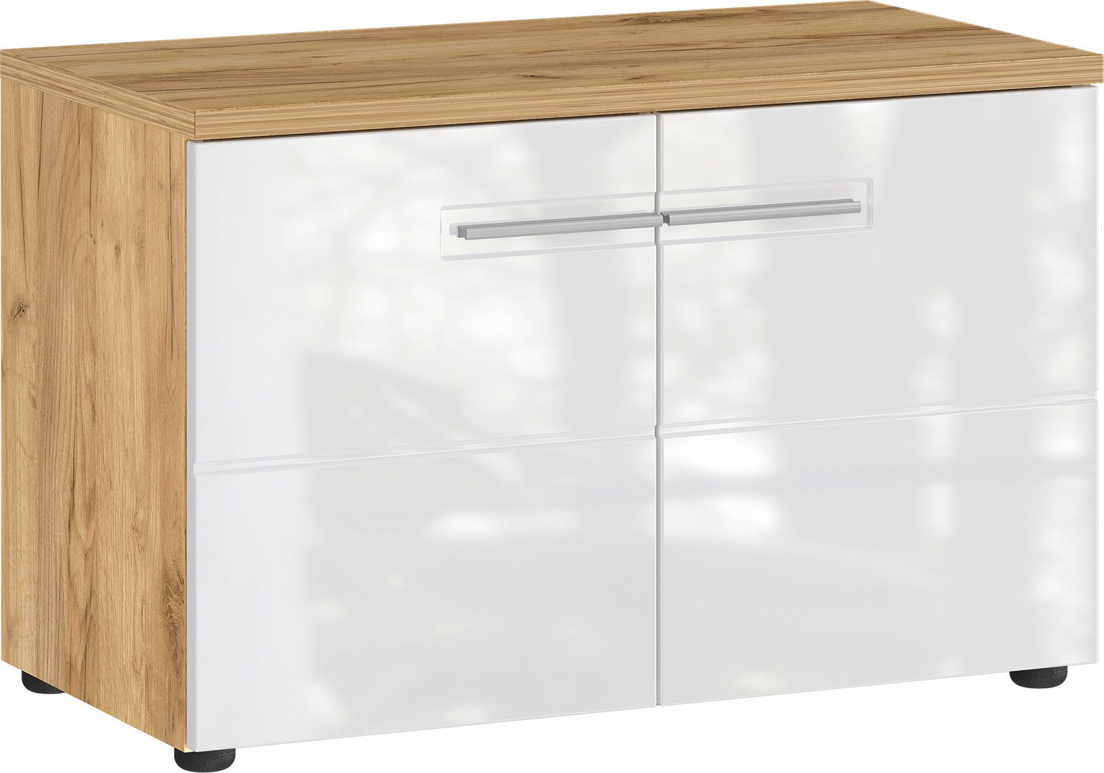 MID.YOU Schuhbank ALEDO Schuhbank mit Holzoptik und weißen Hochglanzfronten, seitliche Perspektive