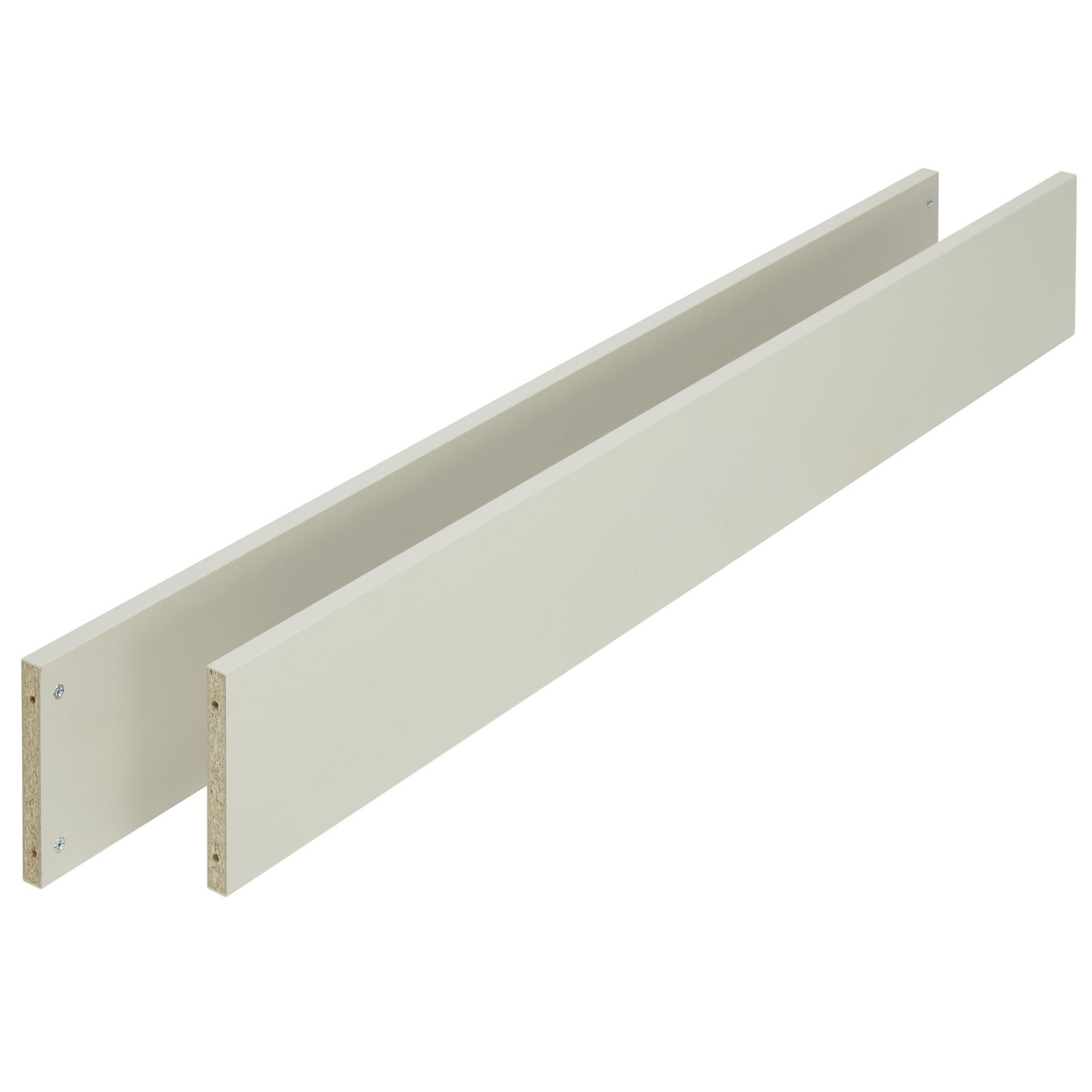 Zwei weiße Holzplatten in seitlicher Perspektive, verwendet für Umbauseiten