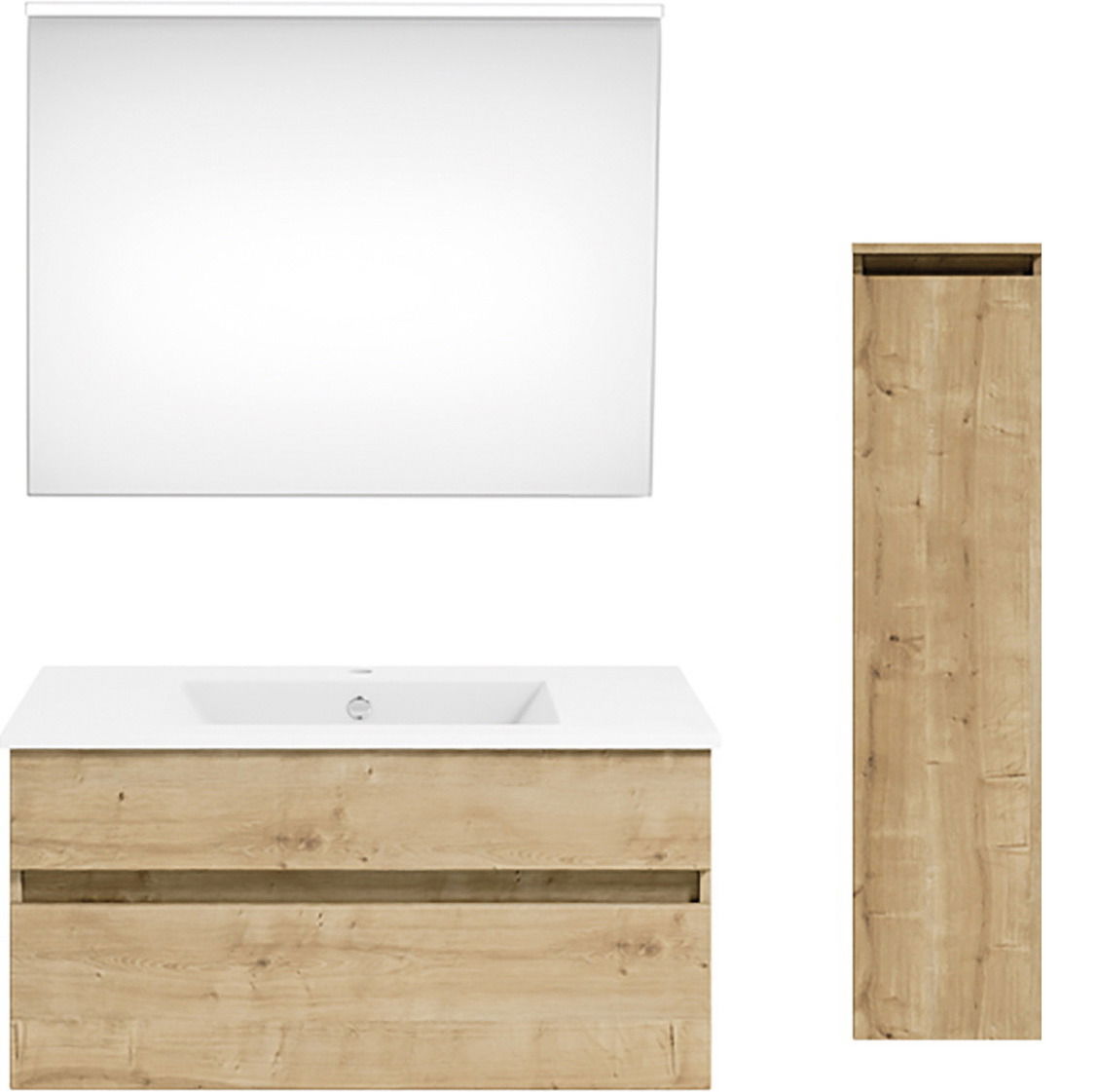 Frontale Ansicht einer Badkombination mit einem großen Spiegel, einem Waschbeckenunterschrank in Holzoptik und einem hohen, schmalen Schrank.