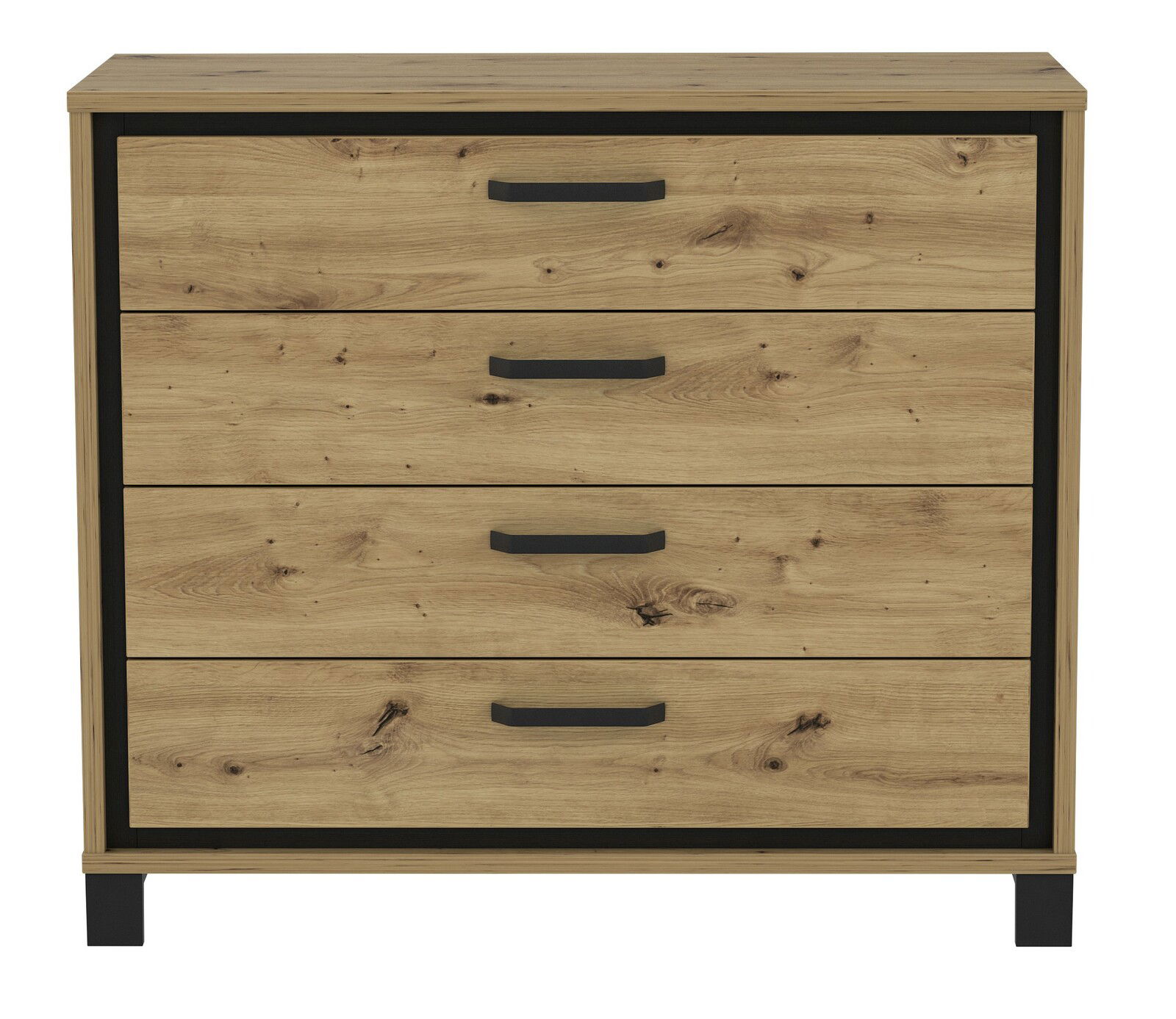 Kommode aus Holz mit vier Schubladen und schwarzen Griffen, frontale Ansicht