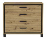 Kommode aus Holz mit vier Schubladen und schwarzen Griffen, frontale Ansicht