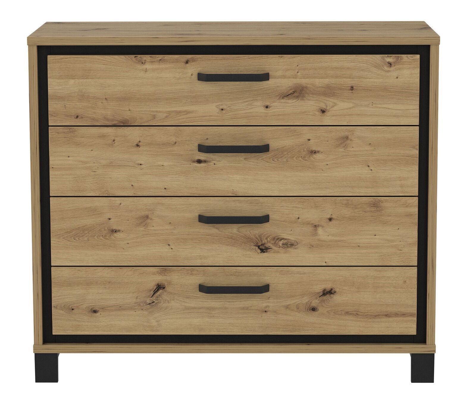 Kommode aus Holz mit vier Schubladen und schwarzen Griffen, frontale Ansicht