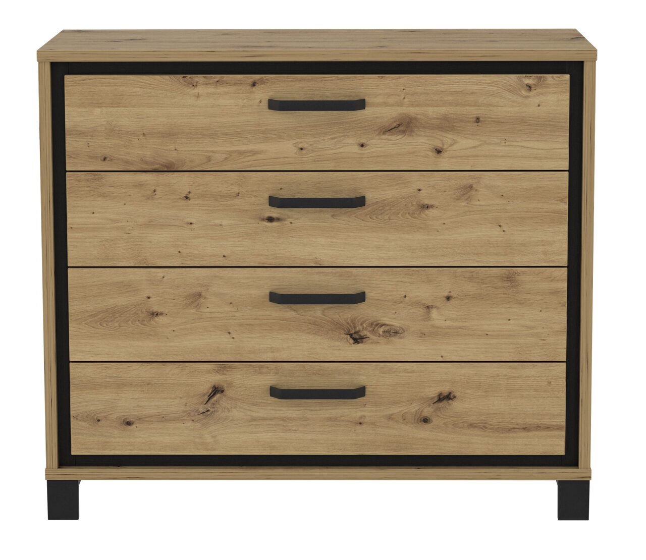 Kommode aus Holz mit vier Schubladen und schwarzen Griffen, frontale Ansicht