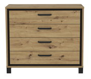 Kommode aus Holz mit vier Schubladen und schwarzen Griffen, frontale Ansicht