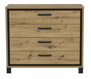 Kommode aus Holz mit vier Schubladen und schwarzen Griffen, frontale Ansicht