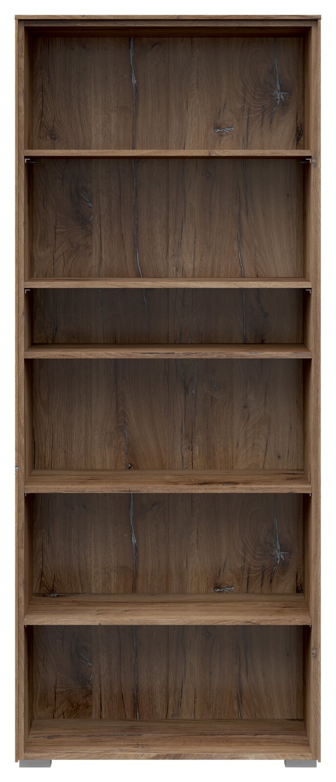 Voleo Aktenregal NEVADA Frontale Ansicht eines breiten Aktenregals mit fünf offenen Fächern in Holzoptik.