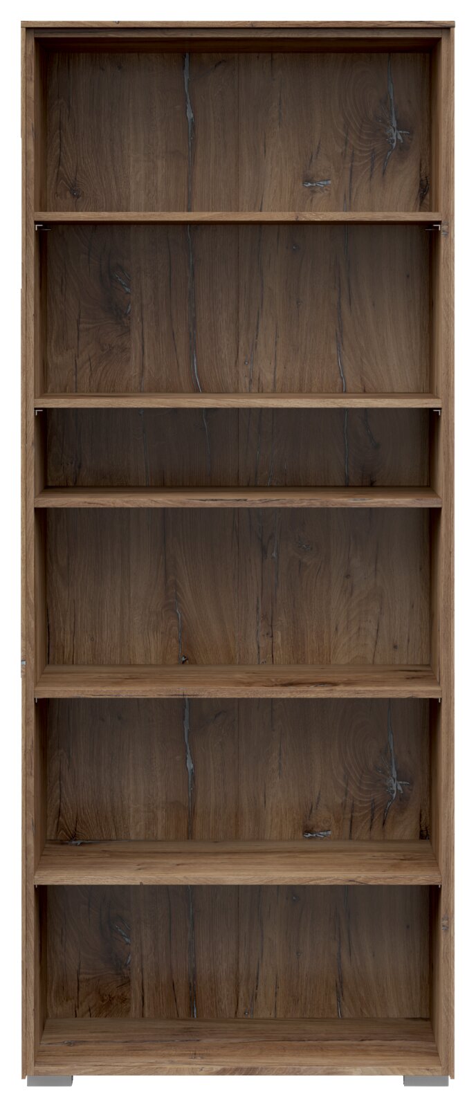 Voleo Aktenregal NEVADA Frontale Ansicht eines breiten Aktenregals mit fünf offenen Fächern in Holzoptik.