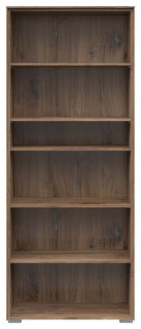 Frontale Ansicht eines breiten Aktenregals mit fünf offenen Fächern in Holzoptik.