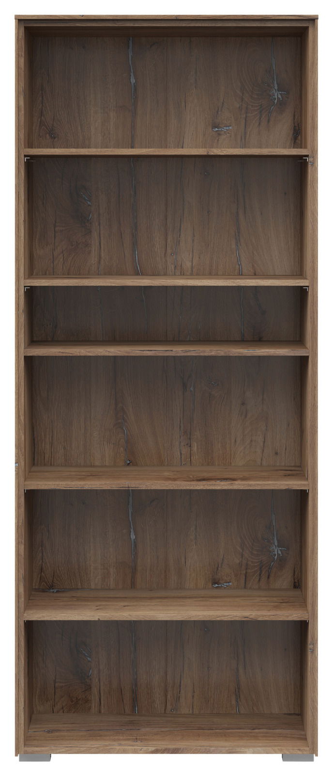 Frontale Ansicht eines breiten Aktenregals mit fünf offenen Fächern in Holzoptik.