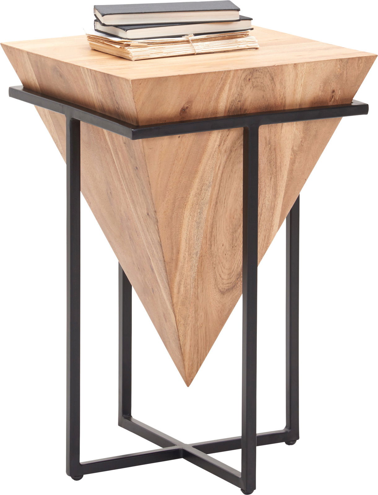 Moderner Beistelltisch aus Holz mit umgekehrter Pyramidenform und schwarzem Metallgestell, seitliche Perspektive