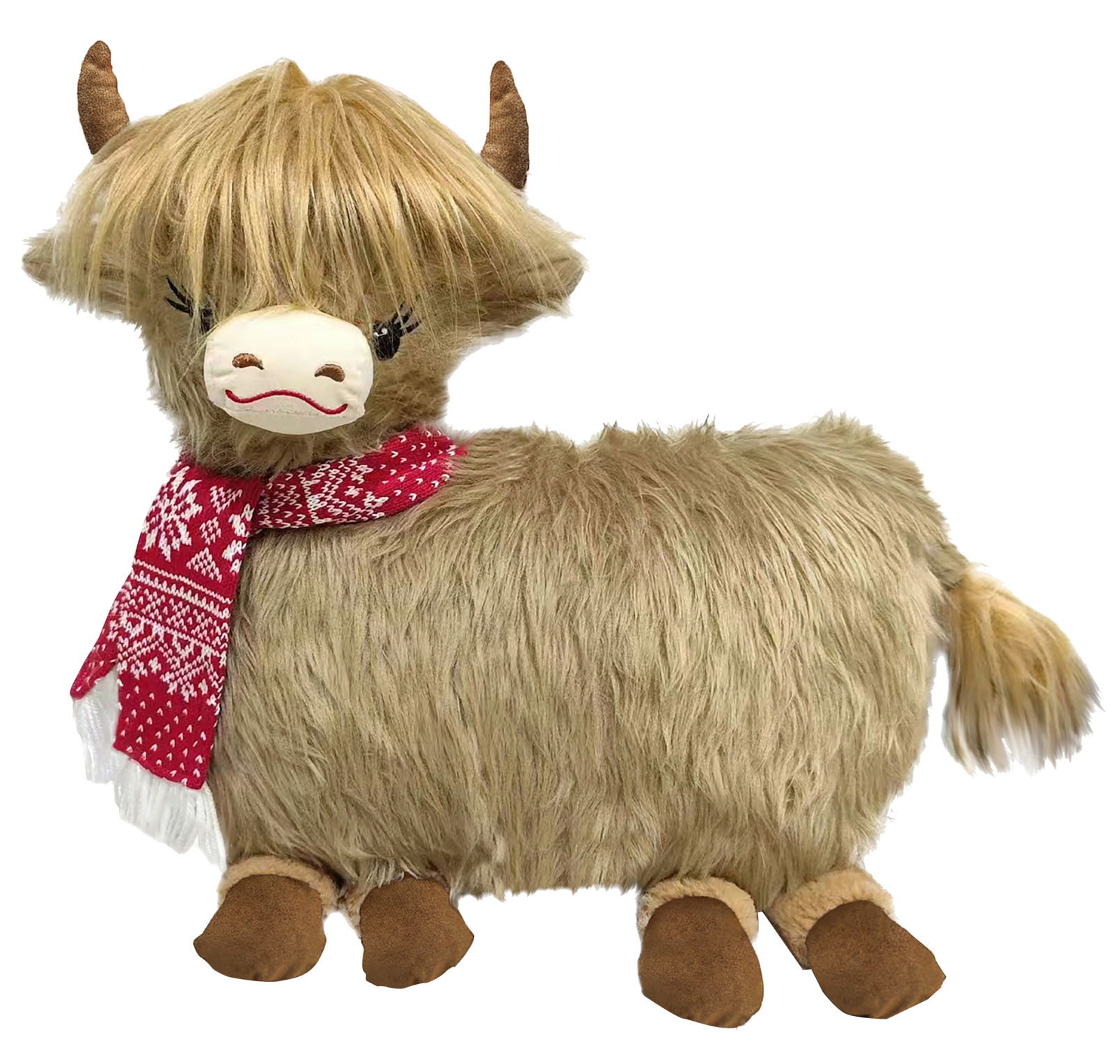 Plüschkissen in Form eines flauschigen Hochlandrinds mit rotem Schal, seitliche Perspektive