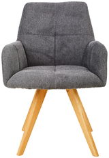 Grauer Armlehnstuhl mit Holzbeinen, Frontalansicht