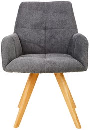 Grauer Armlehnstuhl mit Holzbeinen, Frontalansicht