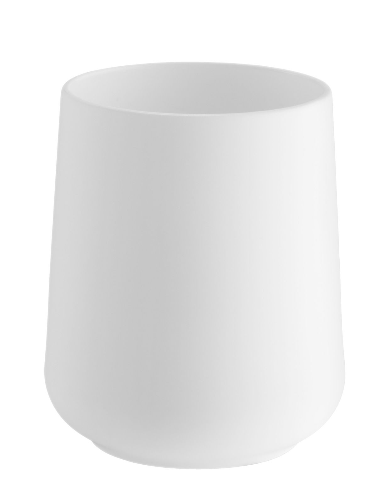 Weißer Zahnputzbecher aus Kunststoff, seitliche Perspektive