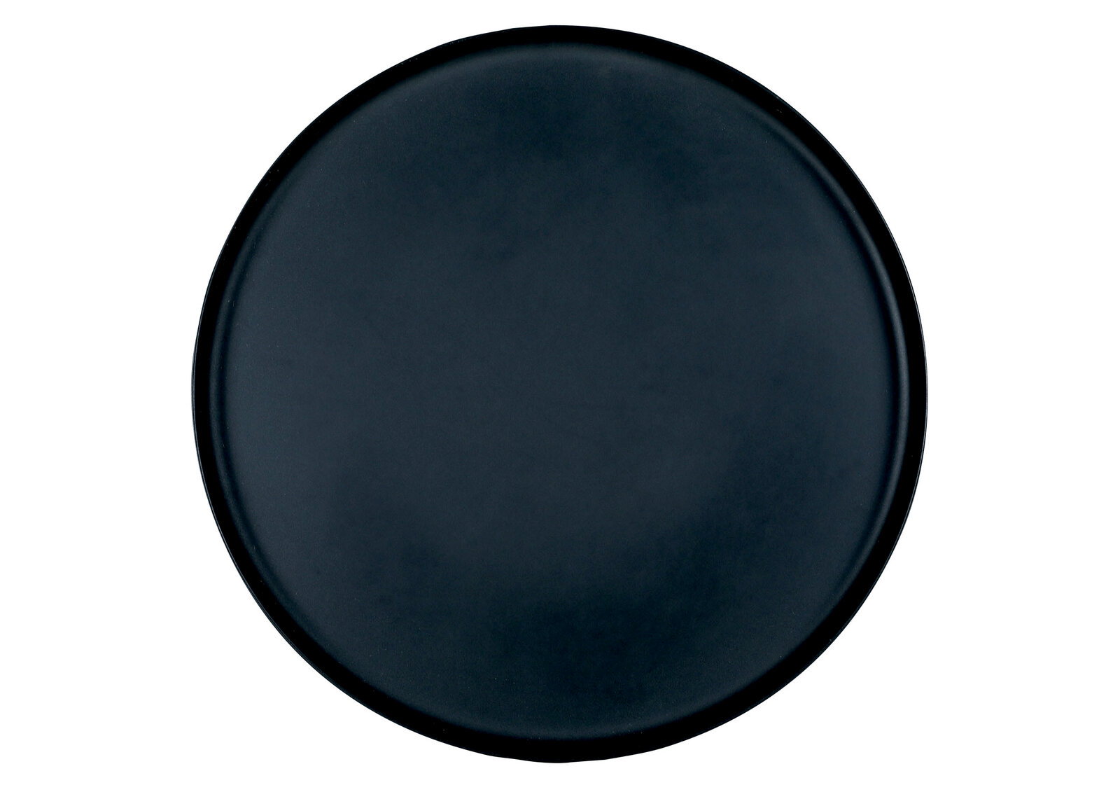 Runder, matt schwarzer Teller auf weißem Hintergrund, Draufsicht (Top-Down-Perspektive)