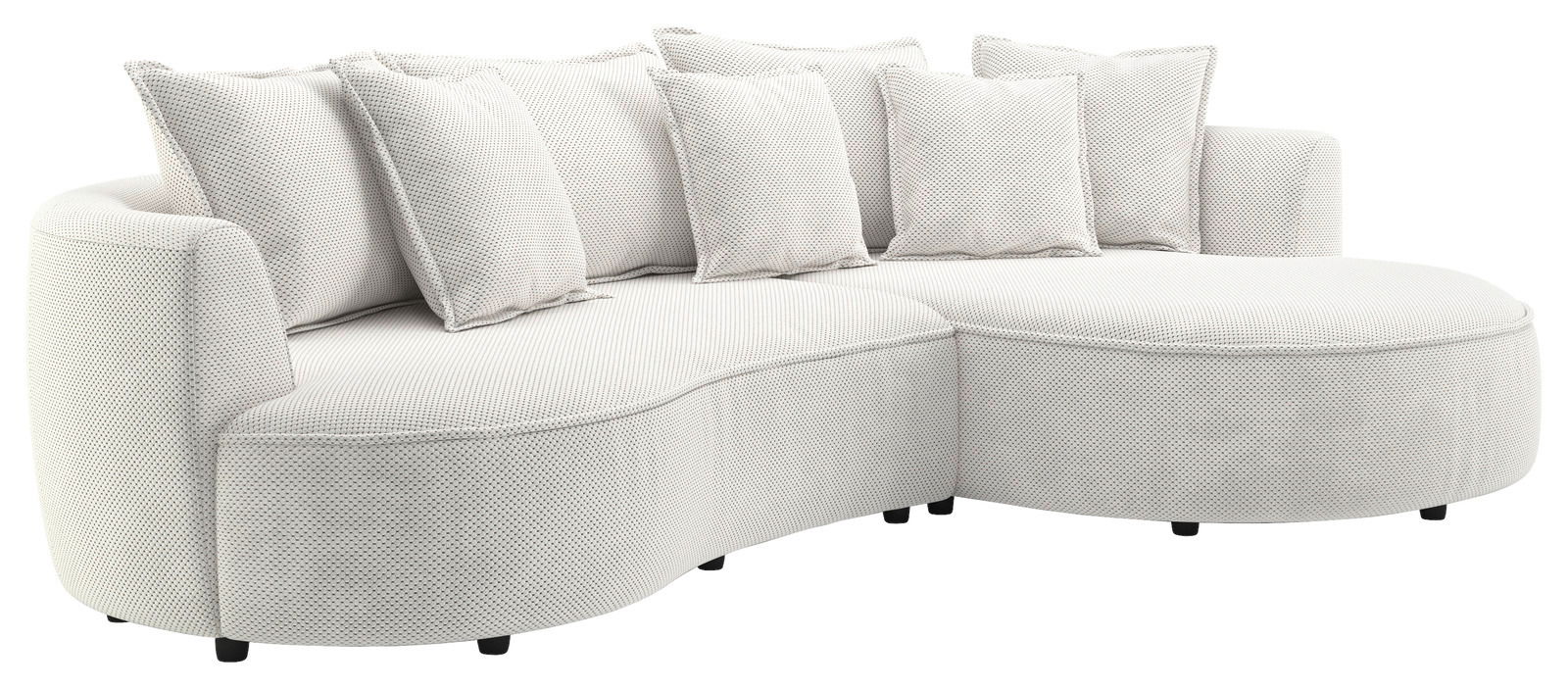 Elegantes, helles Rundsofa mit mehreren Kissen, seitliche Perspektive