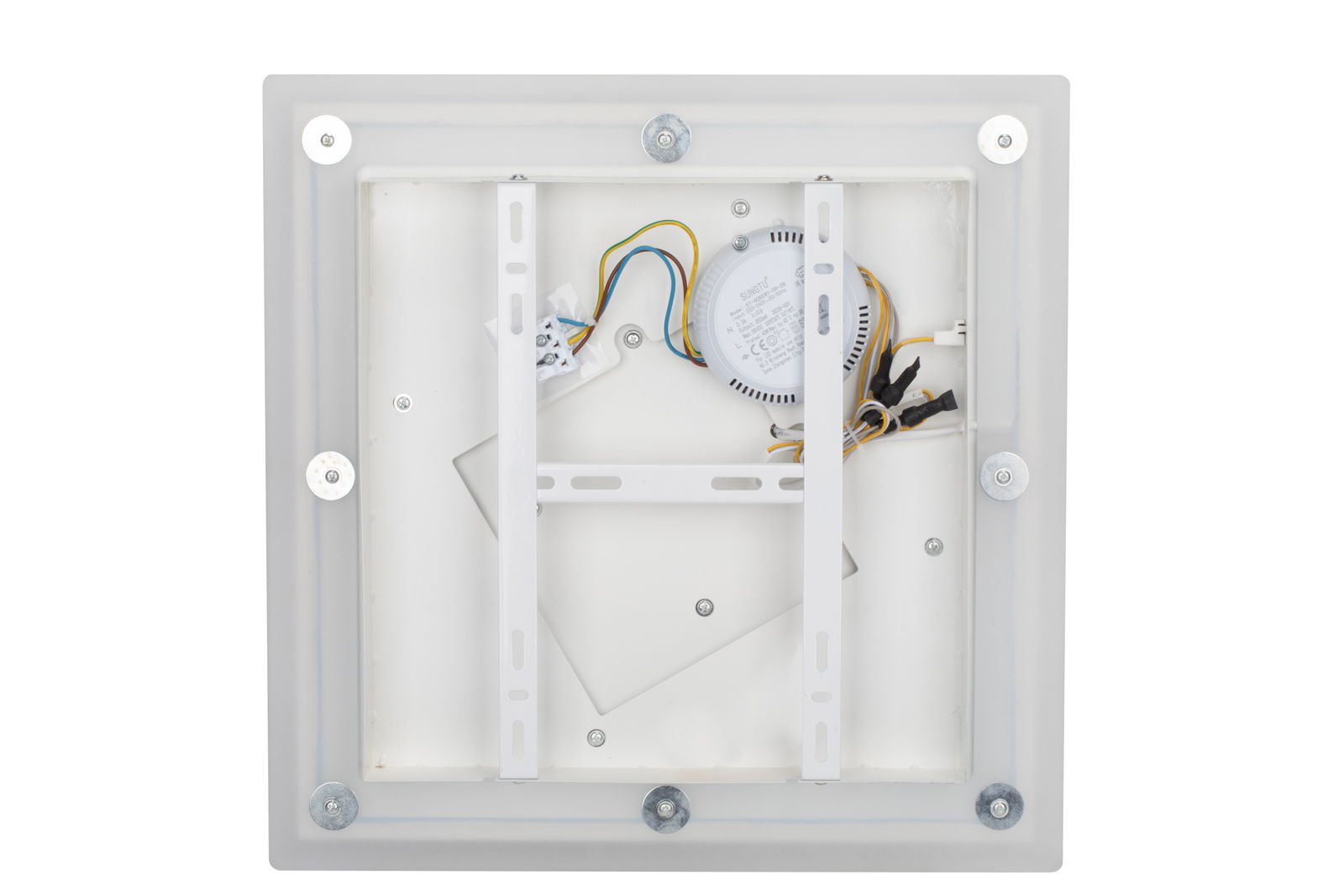 Rückansicht einer quadratischen LED-Deckenleuchte mit sichtbaren Kabeln und Befestigungselementen.