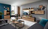 Modernes Wohnzimmer mit Highboard, Sideboard und Couchtisch in Holzoptik, seitliche Perspektive