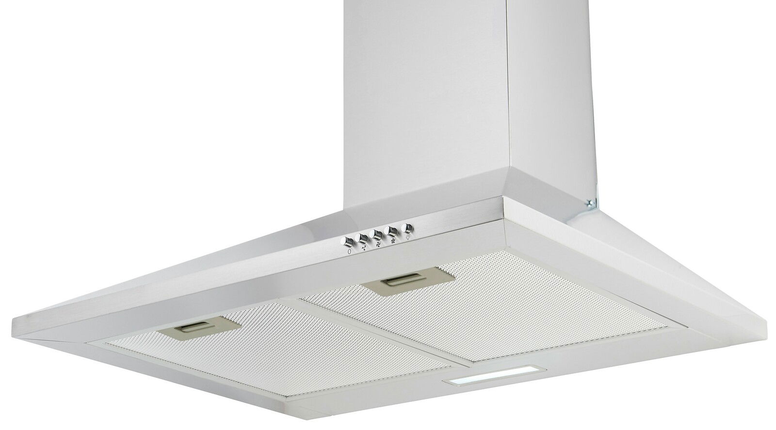 Moderne Edelstahl-Dunstabzugshaube von unten betrachtet, mit Bedienelementen und Beleuchtung.