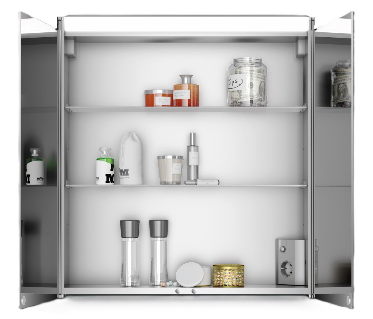 Spiegelschrank mit geöffneter Tür, gefüllt mit verschiedenen Pflegeprodukten und Accessoires, Frontalansicht