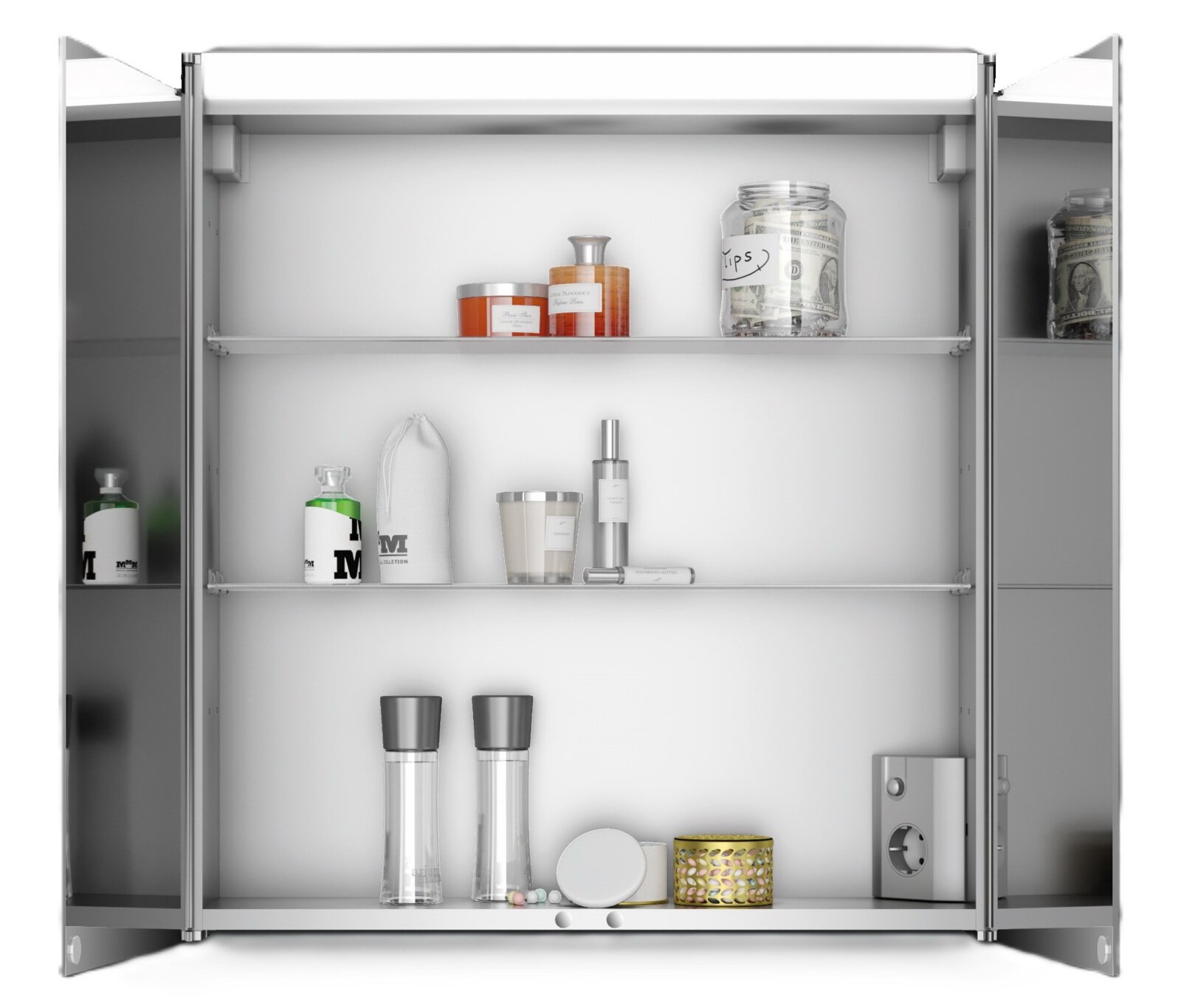 Spiegelschrank mit geöffneter Tür, gefüllt mit verschiedenen Pflegeprodukten und Accessoires, Frontalansicht