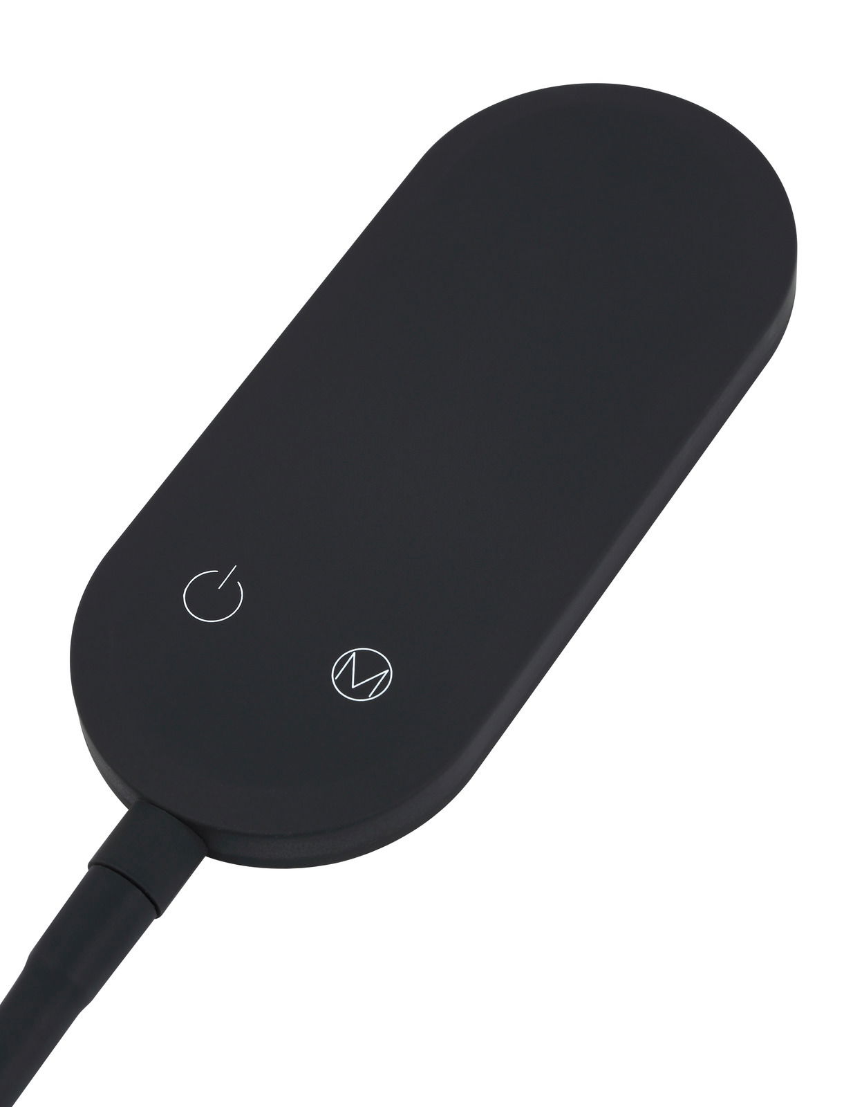 Nahaufnahme eines schwarzen, ovalen Bedienfelds mit zwei Symbolen für Ein/Aus und Modus, Teil einer LED Stehleuchte.