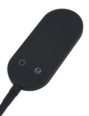 Nahaufnahme eines schwarzen, ovalen Bedienfelds mit zwei Symbolen für Ein/Aus und Modus, Teil einer LED Stehleuchte.