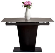 Moderner Esstisch mit dunklem Sockel und ausziehbarer Tischplatte, frontal betrachtet, dekoriert mit einer weißen Vase und rosa Blumen.