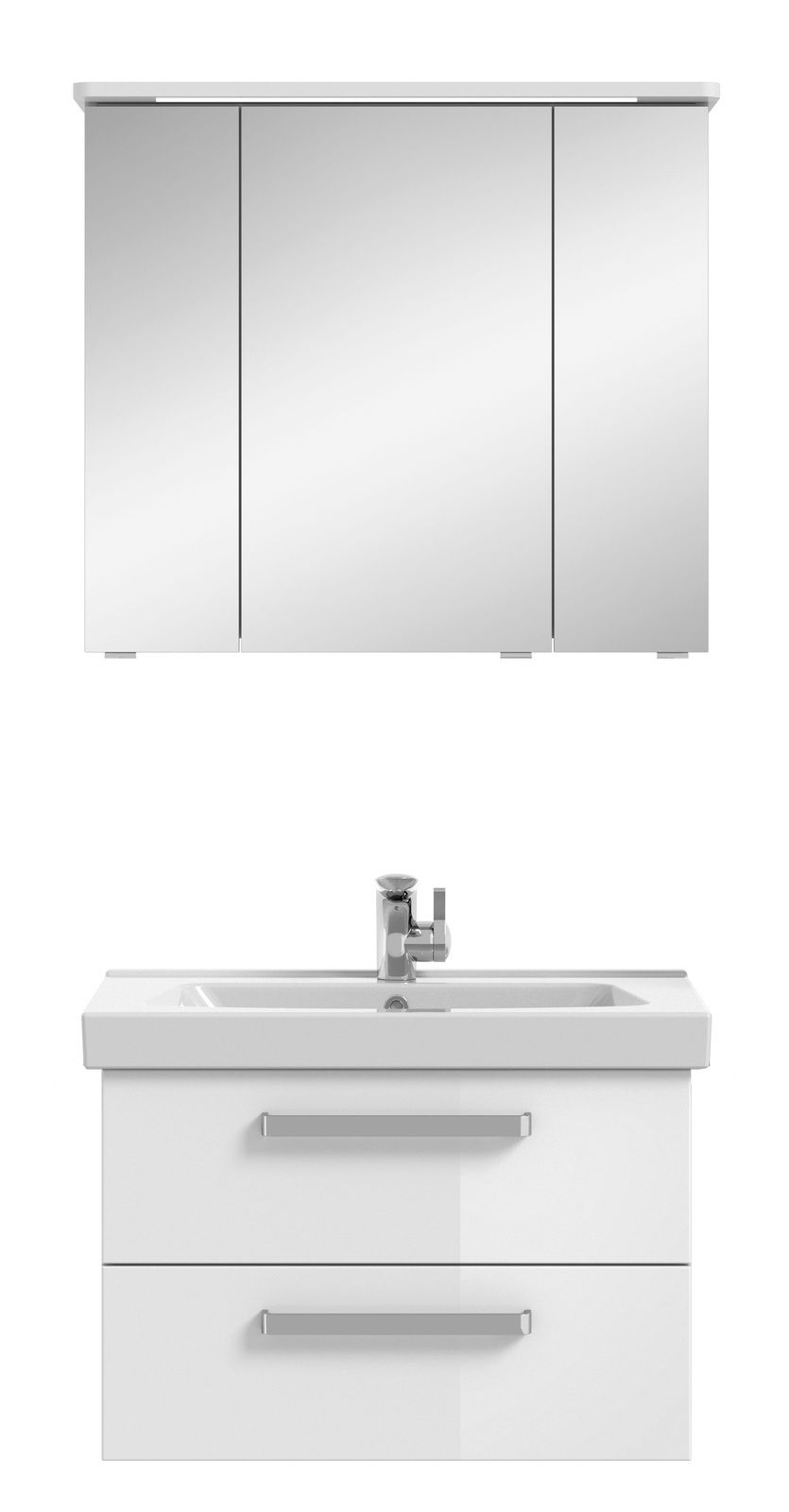 Frontale Ansicht einer modernen Badkombination mit Spiegelschrank und Waschbeckenunterschrank in Weiß.