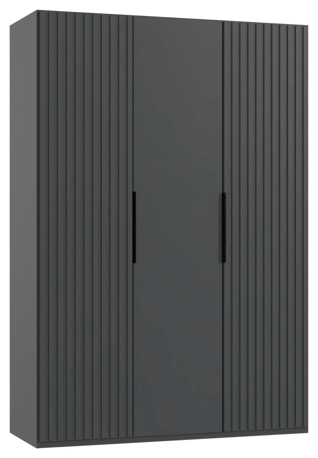 Drehtürenschrank 3-türig in dunklem Grau mit vertikalen Rillen, Frontalansicht