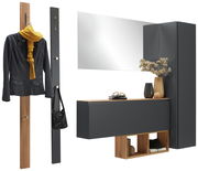 Garderoben-Set 6-tlg. in moderner Perspektive mit Spiegel, Kleiderhaken, Schrank und Dekoration in dunklem Holz und Grau.