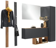 Garderoben-Set 6-tlg. in moderner Perspektive mit Spiegel, Kleiderhaken, Schrank und Dekoration in dunklem Holz und Grau.