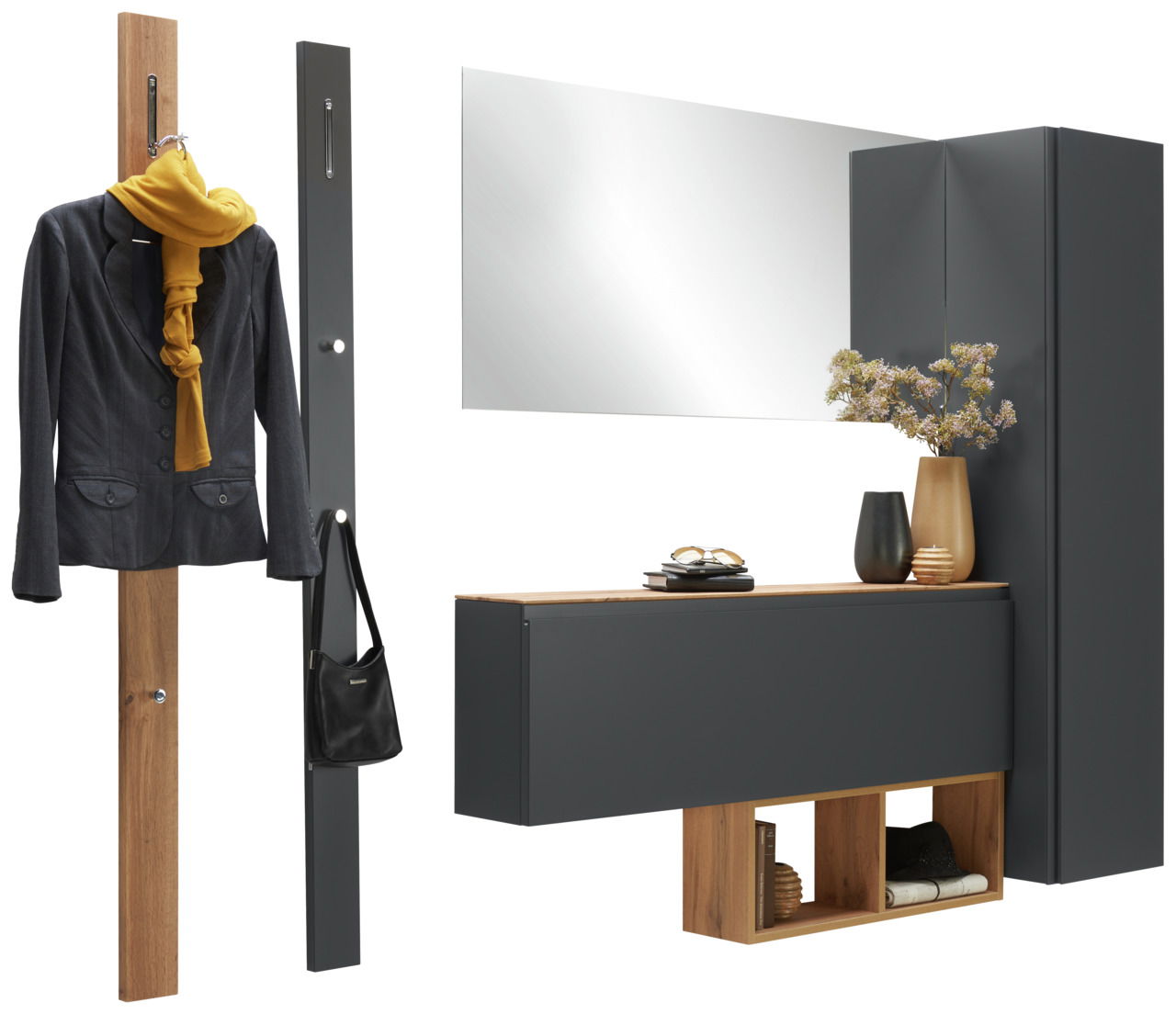 Garderoben-Set 6-tlg. in moderner Perspektive mit Spiegel, Kleiderhaken, Schrank und Dekoration in dunklem Holz und Grau.