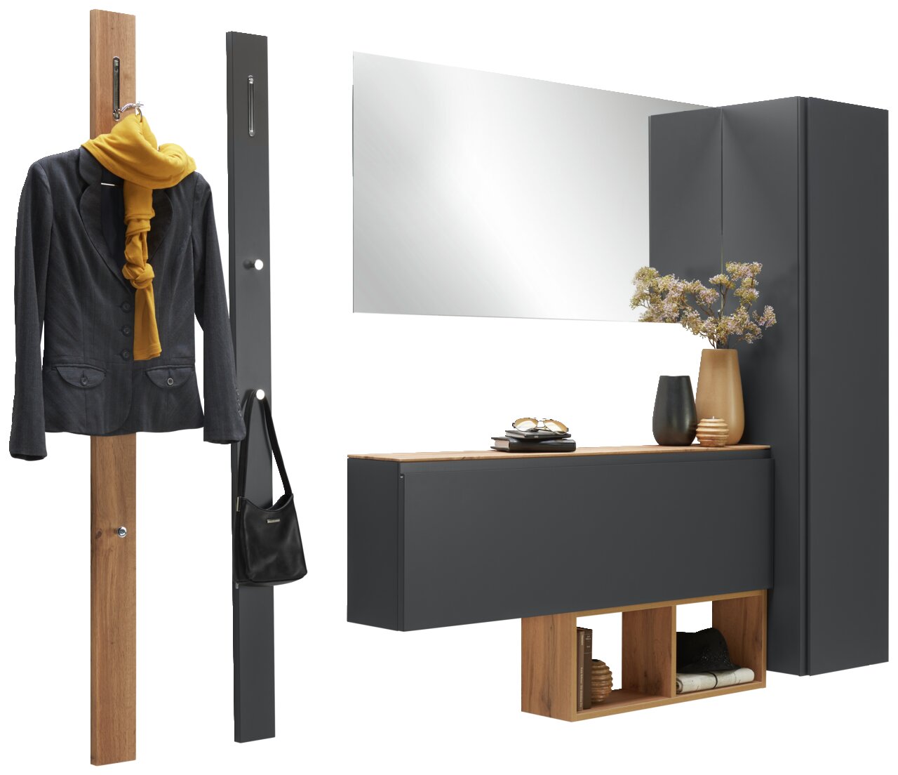 Garderoben-Set 6-tlg. in moderner Perspektive mit Spiegel, Kleiderhaken, Schrank und Dekoration in dunklem Holz und Grau.